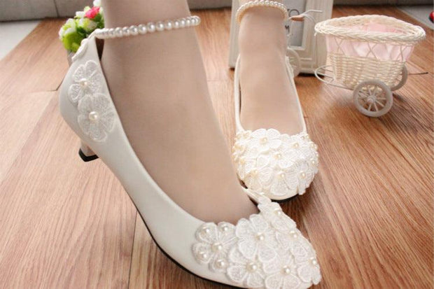 White Pearl Flower Anklet Wedding Dress Shoes Women - Deck Em Up