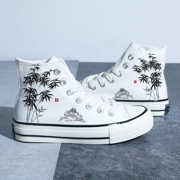 Chinese Style Canvas Shoes Retro Landscape Painting Lotus Pond Bamboo Forest Student High-top Board Shoe - Deck Em Up