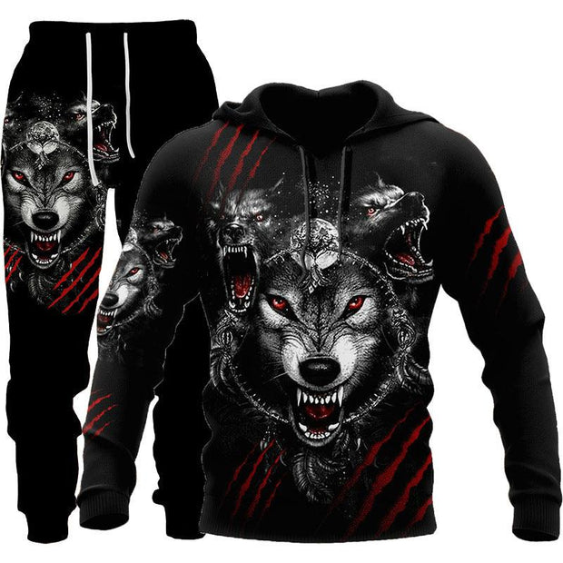 3D Wolf Print Tracksuit Men Sportswear Hooded Sweatsuit Two Piece Outdoors Running Fitness Mens Clothing Jogging Set - Deck Em Up