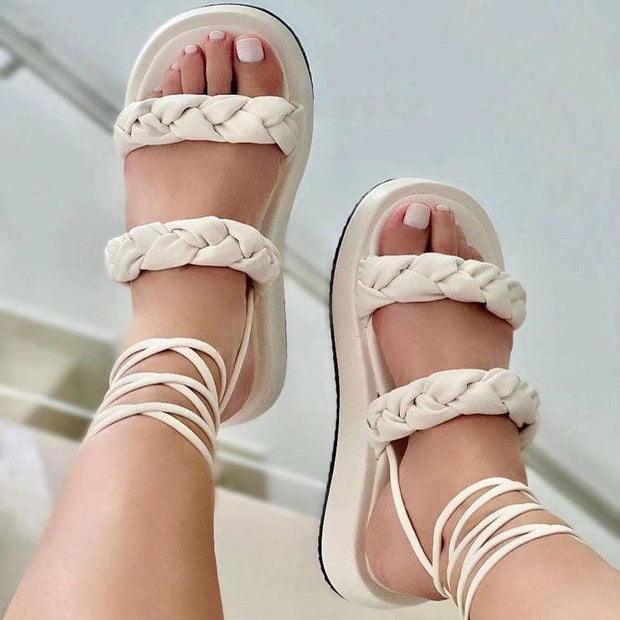 Strappy Sandals Candy Color Weave Flats Shoes Women Summer Dress Shoes - Deck Em Up