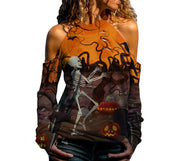 Halloween Off Shoulder Printed Top Womens Casual Loose Stitching Long Sleeved T Shirt - Deck Em Up