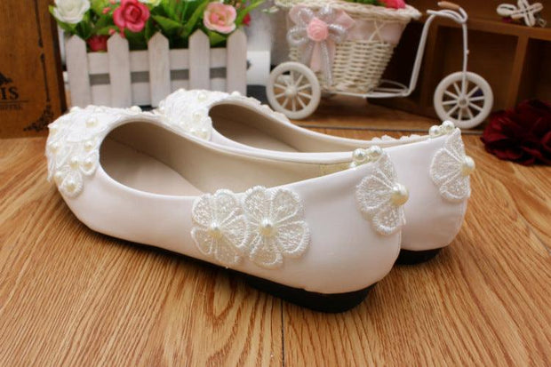 White Pearl Flower Anklet Wedding Dress Shoes Women - Deck Em Up