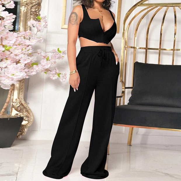 European And American Women's Clothing Solid Color Sexy Top Loose Mop Wide Leg Pants Two-piece Set - Deck Em Up