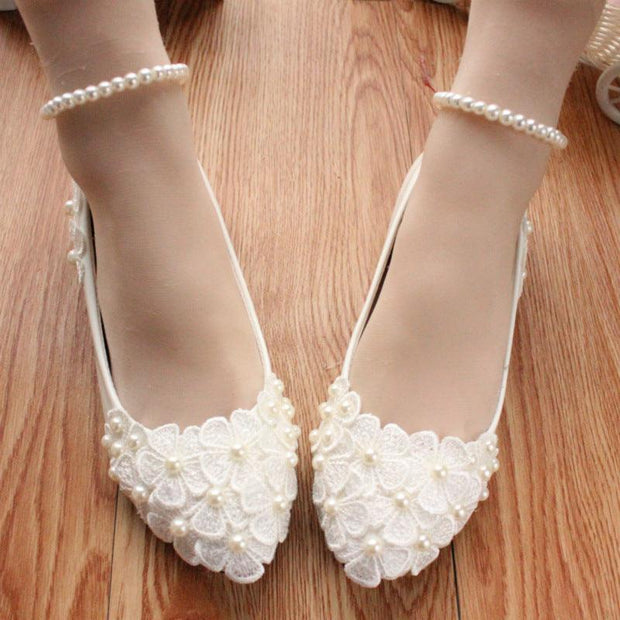 White Pearl Flower Anklet Wedding Dress Shoes Women - Deck Em Up