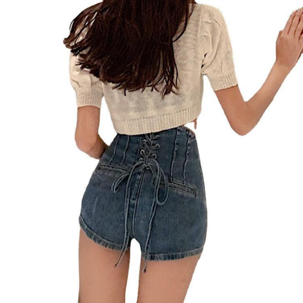 Bow Tie Lace Back Zipped Jeans Shorts Womens - Deck Em Up