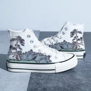 Chinese Style Canvas Shoes Retro Landscape Painting Lotus Pond Bamboo Forest Student High-top Board Shoe - Deck Em Up