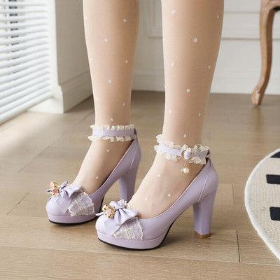 Girl Student Leather Shoes High Heels Thick Heel Single Shoes Bow Dress Female - Deck Em Up