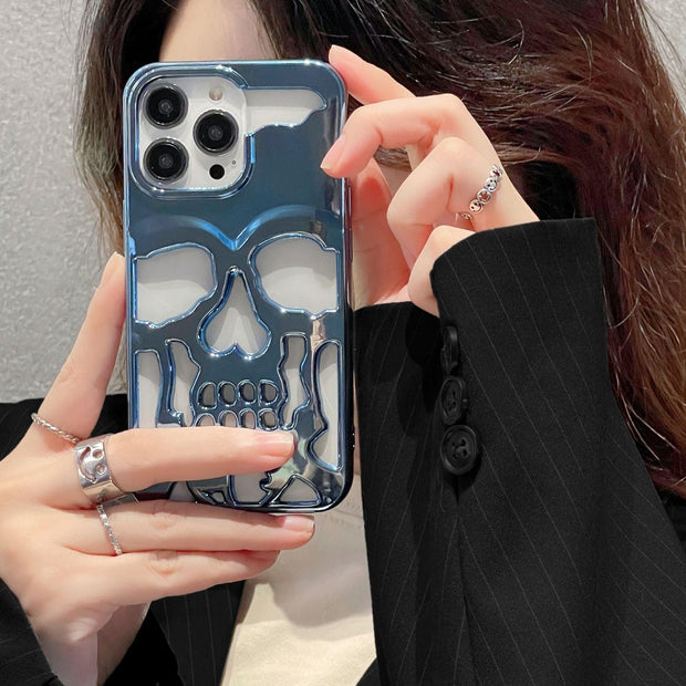 Luxury Plating 3D Skull Phone Case For I-Phone 14 Pro Max 13 12 11 Plus Breathable Glossy Hollow Out Gold Metallic Paint - Deck Em Up