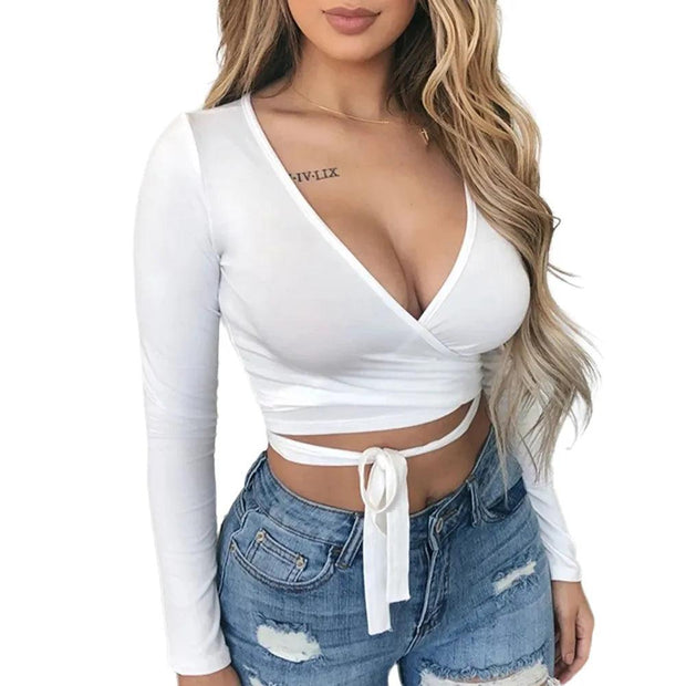 Fashion Women's Wrap Top Sexy Deep V Neck Knot Front Long Sleeve Basic Tee Strappy T shirt Tops Summer Casual Short Clothes - Deck Em Up