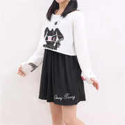 Black Comic Rabbit Lolita Dress Teens Girls Casual Sweet Kawaii Short Dress Cute Bunny Print Long Sleeve Dress Japanese - Deck Em Up