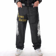 Men's Hip Hop Jeans Plus Size Loose Streetwear Baggy Denim Pants Fashion Letters Hawk Wings Skull Crown Long Trousers - Deck Em Up