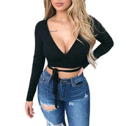 Fashion Women's Wrap Top Sexy Deep V Neck Knot Front Long Sleeve Basic Tee Strappy T shirt Tops Summer Casual Short Clothes - Deck Em Up