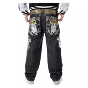 Men's Hip Hop Jeans Plus Size Loose Streetwear Baggy Denim Pants Fashion Letters Hawk Wings Skull Crown Long Trousers - Deck Em Up