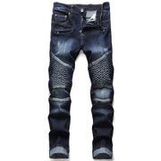 Men's Biker Jeans Pants Light Ripped Moto Denim Man Pleated Scratched Motorcycle Slim Jean Trousers - Deck Em Up