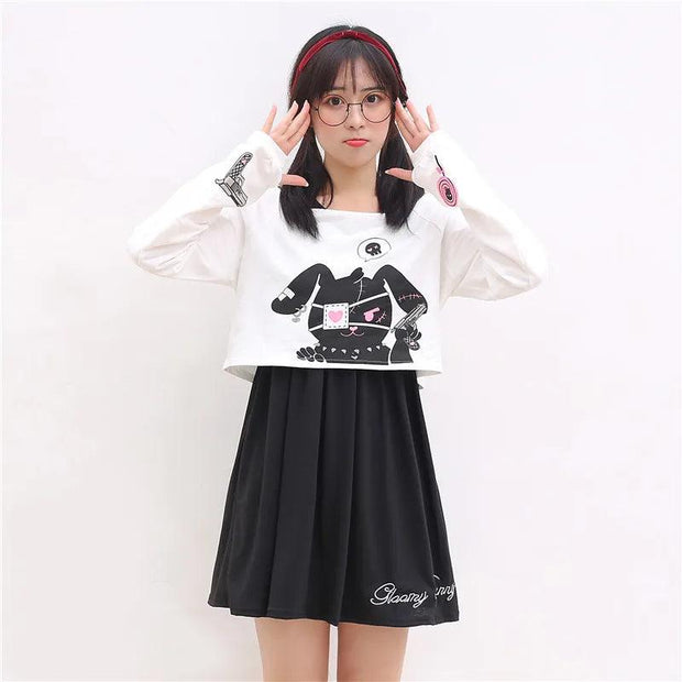 Black Comic Rabbit Lolita Dress Teens Girls Casual Sweet Kawaii Short Dress Cute Bunny Print Long Sleeve Dress Japanese - Deck Em Up