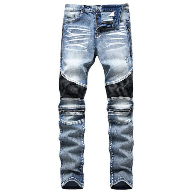 Men's Biker Jeans Pants Light Ripped Moto Denim Man Pleated Scratched Motorcycle Slim Jean Trousers - Deck Em Up