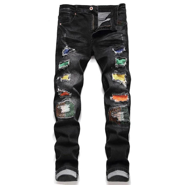 Men's Biker Jeans Pants Light Ripped Moto Denim Man Pleated Scratched Motorcycle Slim Jean Trousers - Deck Em Up