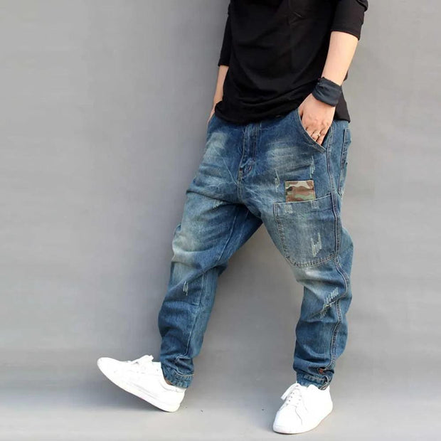 Mens Jeans Casual Joggers Plus Size Hip Hop Harem Denim Pants Camouflage Patchwork Quality Trousers Blue Color Male Clothes - Deck Em Up