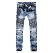 Men's Biker Jeans Pants Light Ripped Moto Denim Man Pleated Scratched Motorcycle Slim Jean Trousers - Deck Em Up