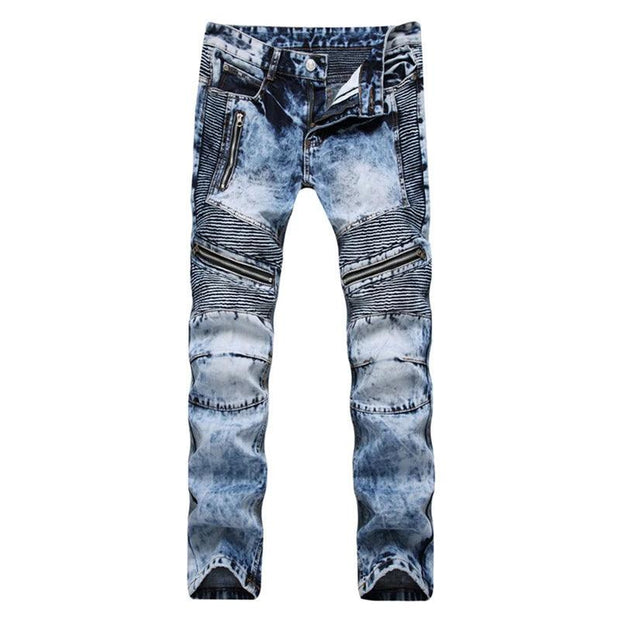 Men's Biker Jeans Pants Light Ripped Moto Denim Man Pleated Scratched Motorcycle Slim Jean Trousers - Deck Em Up