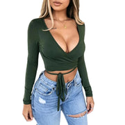 Fashion Women's Wrap Top Sexy Deep V Neck Knot Front Long Sleeve Basic Tee Strappy T shirt Tops Summer Casual Short Clothes - Deck Em Up