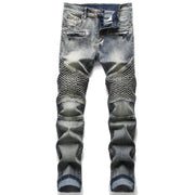 Men's Biker Jeans Pants Light Ripped Moto Denim Man Pleated Scratched Motorcycle Slim Jean Trousers - Deck Em Up