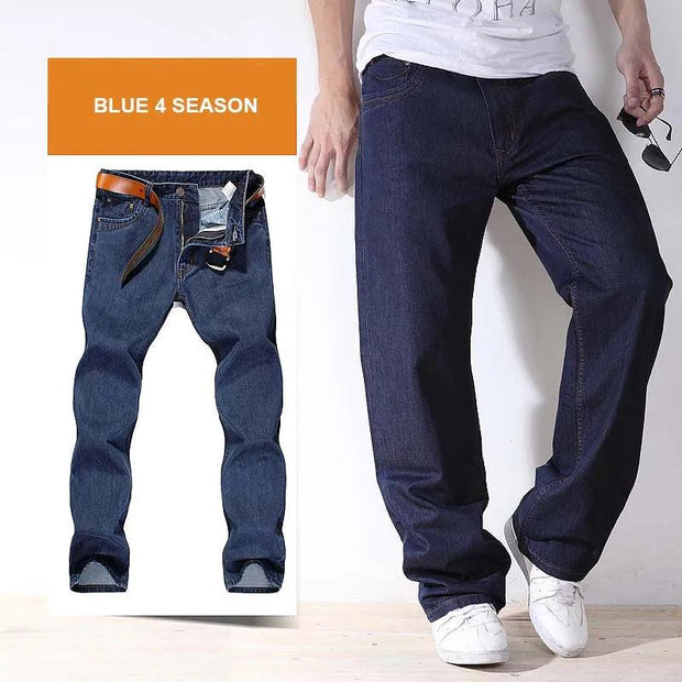 4 Season Men Fashion Jeans Pants Straight Loose Baggy Harem Denim Pants Casual Cotton Trousers Wide Leg Blue Plus Size 28-48 - Deck Em Up