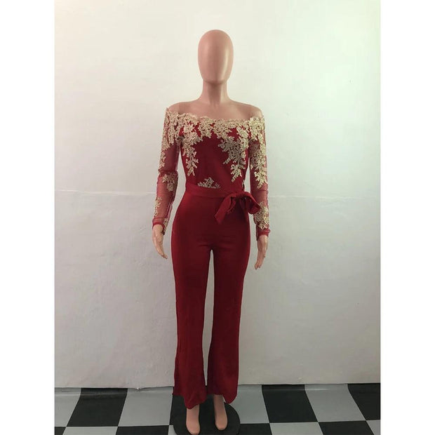 Appliques Lace Patchwork Jumpsuit Women Sexy Off Shoulder Slash Neck Long Sleeve Elegant Wide Leg Pants Jumpsuit Party Overalls - Deck Em Up