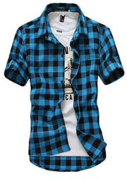 Navy and Green Plaid Shirts Men New Arrival Summer Men's Casual Short Sleeve Shirts Fashion Chemise Homme Men Dress Shirts - Deck Em Up