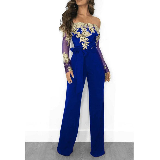 Appliques Lace Patchwork Jumpsuit Women Sexy Off Shoulder Slash Neck Long Sleeve Elegant Wide Leg Pants Jumpsuit Party Overalls - Deck Em Up