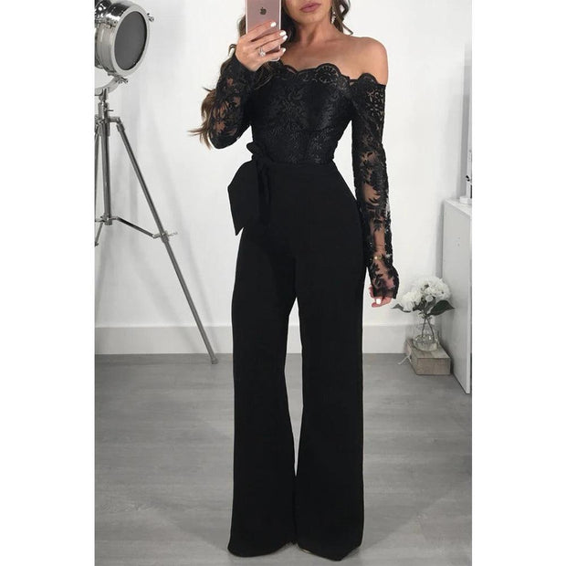 Appliques Lace Patchwork Jumpsuit Women Sexy Off Shoulder Slash Neck Long Sleeve Elegant Wide Leg Pants Jumpsuit Party Overalls - Deck Em Up