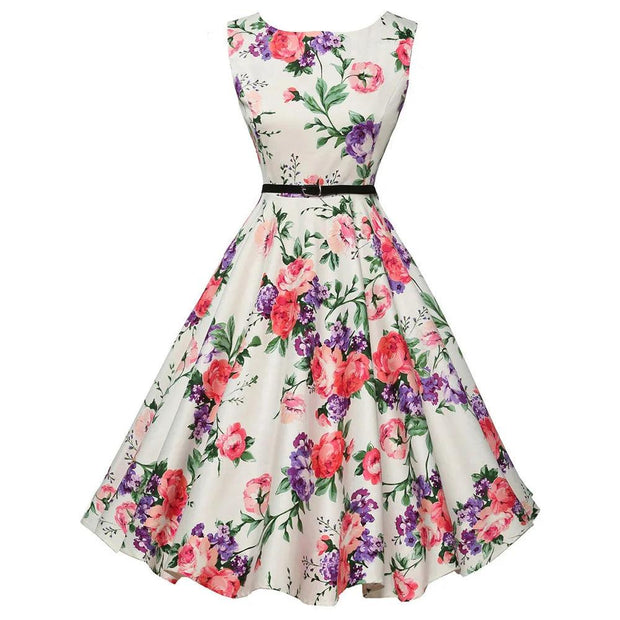 Grace Karin Women Summer Dress Lady Floral Retro Floral Dresses Casual Party Robe Rockabilly Dress Belt Print New Fashion - Deck Em Up