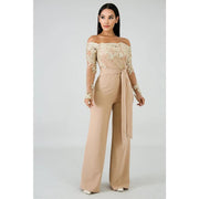 Appliques Lace Patchwork Jumpsuit Women Sexy Off Shoulder Slash Neck Long Sleeve Elegant Wide Leg Pants Jumpsuit Party Overalls - Deck Em Up