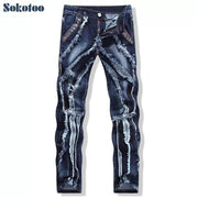 Sokotoo Men's Fashion Patchwork Spliced Ripped Jeans Male Personality Leather Rivet Slim Straight Denim Pants - Deck Em Up