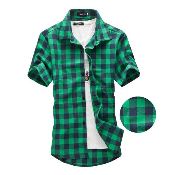 Navy and Green Plaid Shirts Men New Arrival Summer Men's Casual Short Sleeve Shirts Fashion Chemise Homme Men Dress Shirts - Deck Em Up