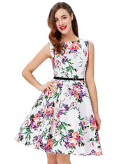 Grace Karin Women Summer Dress Lady Floral Retro Floral Dresses Casual Party Robe Rockabilly Dress Belt Print New Fashion - Deck Em Up