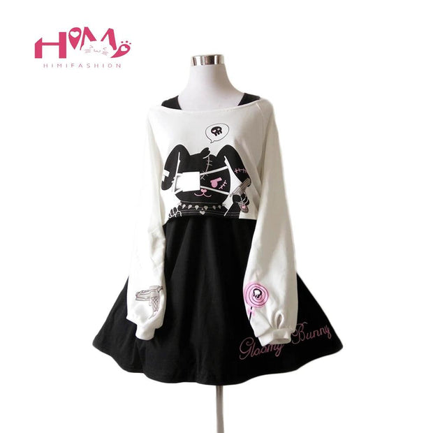 Black Comic Rabbit Lolita Dress Teens Girls Casual Sweet Kawaii Short Dress Cute Bunny Print Long Sleeve Dress Japanese - Deck Em Up