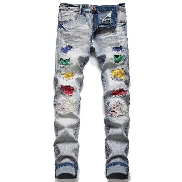 Men's Biker Jeans Pants Light Ripped Moto Denim Man Pleated Scratched Motorcycle Slim Jean Trousers - Deck Em Up