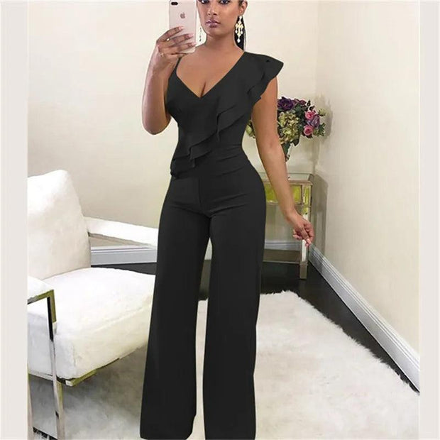 Patchwork Jumpsuit Women Casual Sexy Off Shoulder Slash Neck Long Sleeve Lady Black Jumpsuit Elegant Slim Wide Pants Streetwear - Deck Em Up