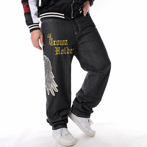 Men's Hip Hop Jeans Plus Size Loose Streetwear Baggy Denim Pants Fashion Letters Hawk Wings Skull Crown Long Trousers - Deck Em Up