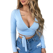 Fashion Women's Wrap Top Sexy Deep V Neck Knot Front Long Sleeve Basic Tee Strappy T shirt Tops Summer Casual Short Clothes - Deck Em Up