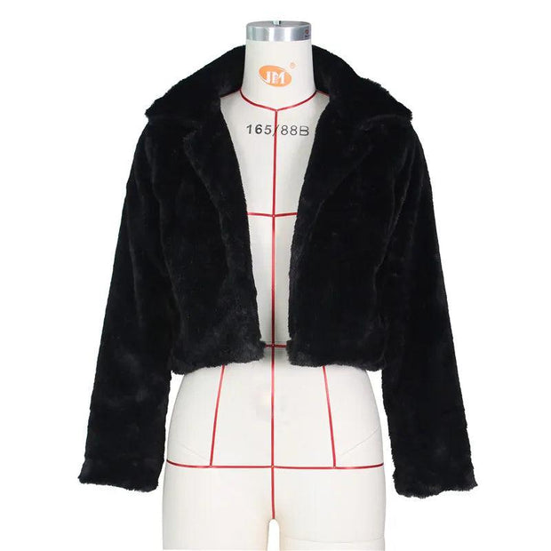 JRRY Casual Women Faux Fur Coats Long Sleeve Furry Cropped Jacket Open Stitch Fluffy Overcoat Plus Size XXL Outdoor Wear - Deck Em Up