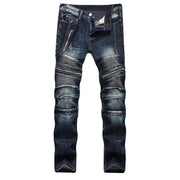 Men's Biker Jeans Pants Light Ripped Moto Denim Man Pleated Scratched Motorcycle Slim Jean Trousers - Deck Em Up