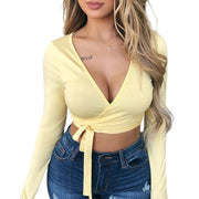 Fashion Women's Wrap Top Sexy Deep V Neck Knot Front Long Sleeve Basic Tee Strappy T shirt Tops Summer Casual Short Clothes - Deck Em Up