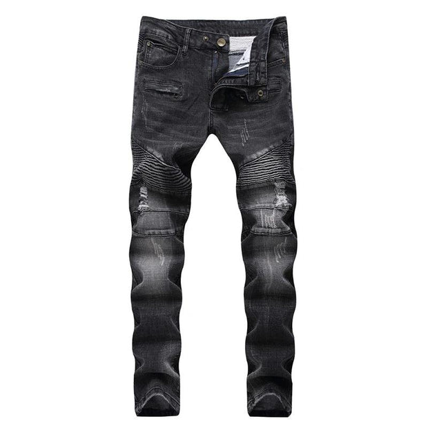 Men's Biker Jeans Pants Light Ripped Moto Denim Man Pleated Scratched Motorcycle Slim Jean Trousers - Deck Em Up