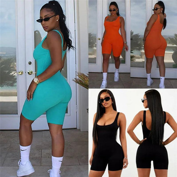 Sexy Women Sleeveless Romper Jumpsuit Bodycon Bodysuit Slim Fit Sports Short Pants Clubwear Backless Biker Shorts Playsuit - Deck Em Up