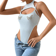 European And American See-through Butterfly Rhinestone Vest Niche Design Hollow Slim Jumpsuit - Deck Em Up