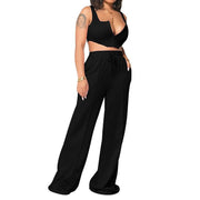 European And American Women's Clothing Solid Color Sexy Top Loose Mop Wide Leg Pants Two-piece Set - Deck Em Up