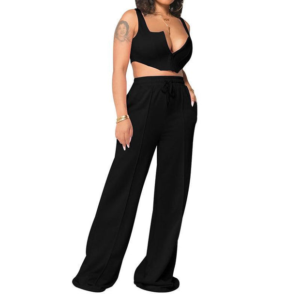 European And American Women's Clothing Solid Color Sexy Top Loose Mop Wide Leg Pants Two-piece Set - Deck Em Up