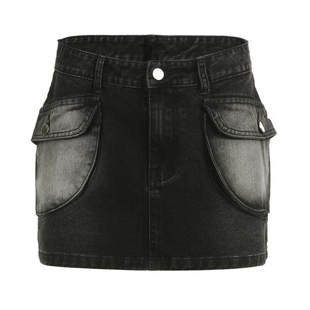 American Street Style Asymmetric Pocket Design Low Waist Denim Skirt - Deck Em Up